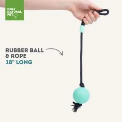 Only Natural Pet Natural Rubber Bond Building Fetch And Tug Dog Toys -Pet Dog Supplies TealBallandRopeSizeInfographic