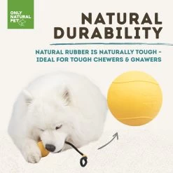Only Natural Pet Natural Rubber Bond Building Fetch And Tug Dog Toys -Pet Dog Supplies YellowBallandRopeDurabilityInfographic